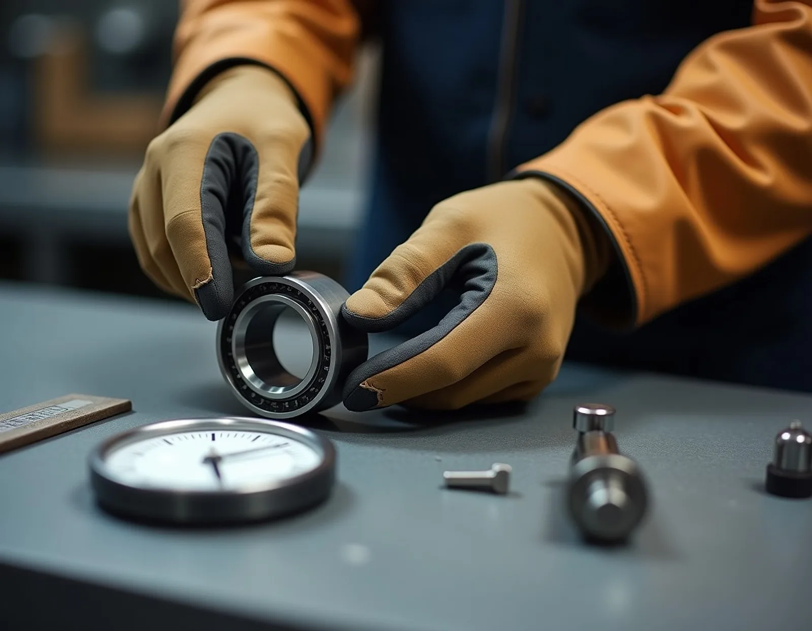 Gloved hands holding a steel roller bearing beside a dial gauge on a clean workshop bench
