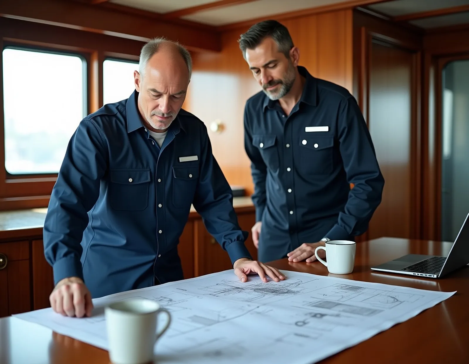 Two engineers in work shirts reviewing large engineering drawings on a table with a laptop