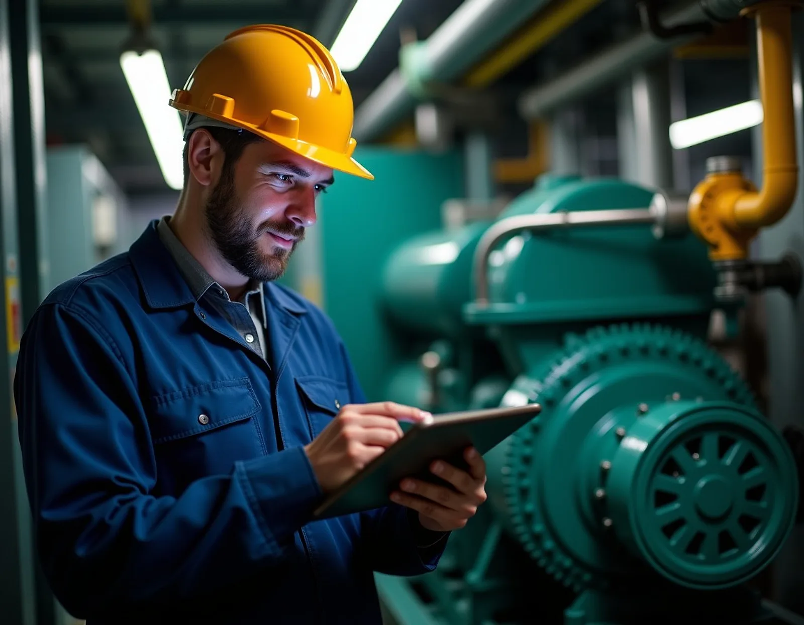 Engineer in a yellow helmet checking maintenance records on a tablet beside a green generator set