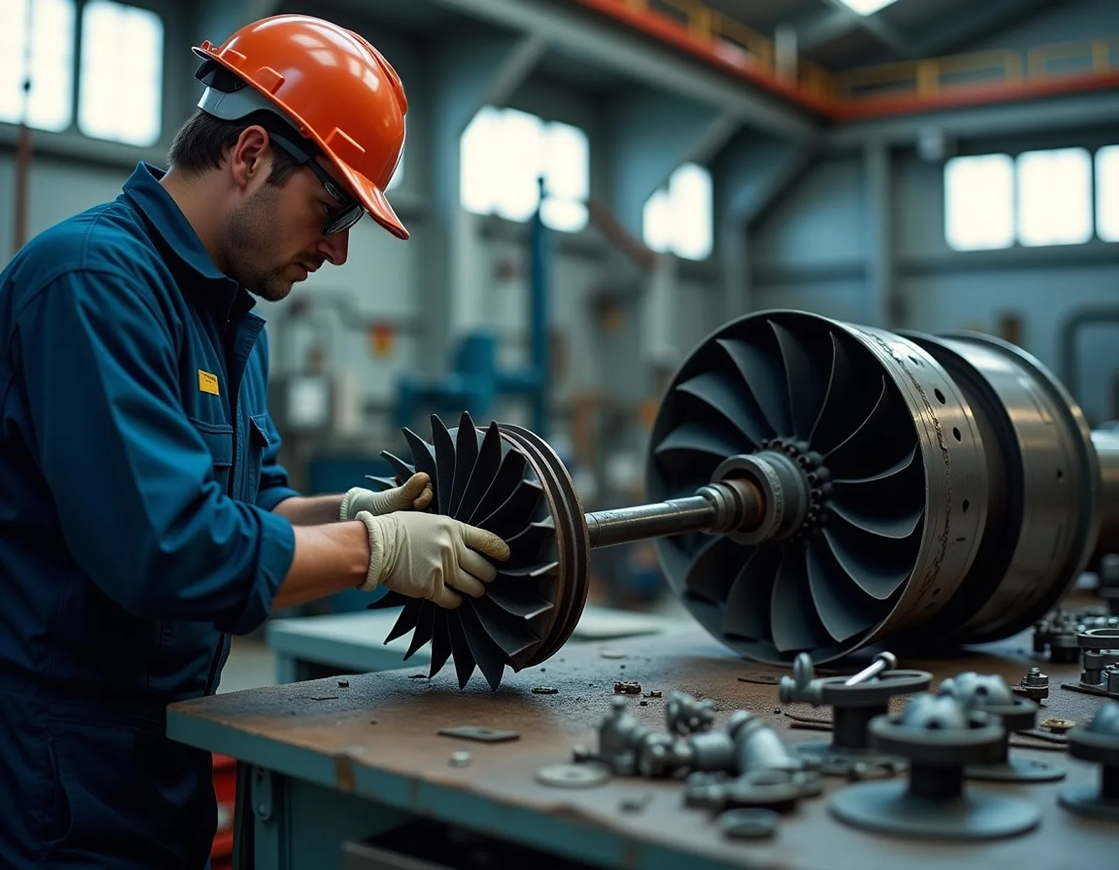 Technician in gloves overhauling a disassembled turbocharger rotor and blades on a workshop bench